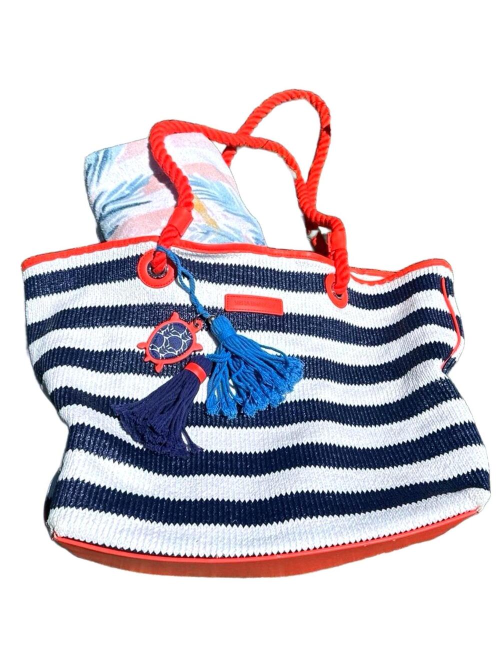 Vera Bradley Nautical Striped Beach Tote Summer Bag w/ Turtle Charm 'n Tassels